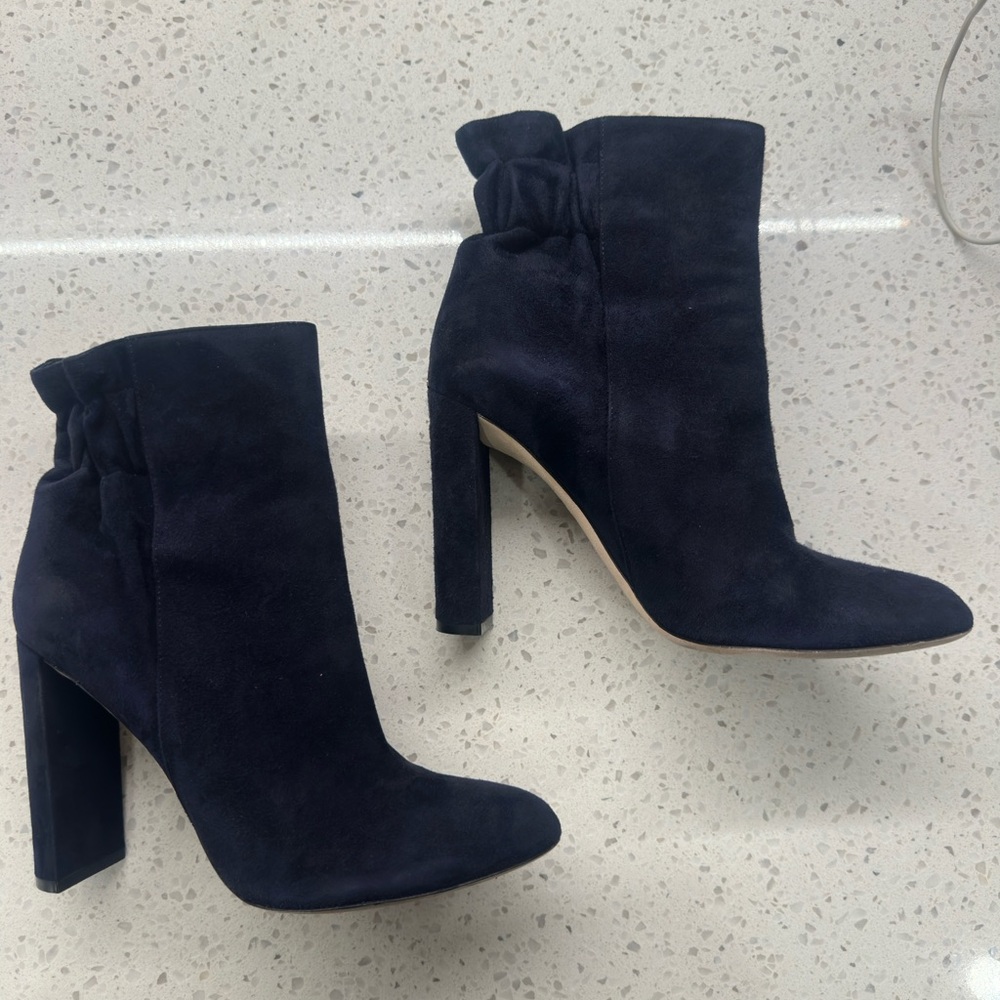 Dior Navy Suede High Heel Ankle Booties with Bow Detail